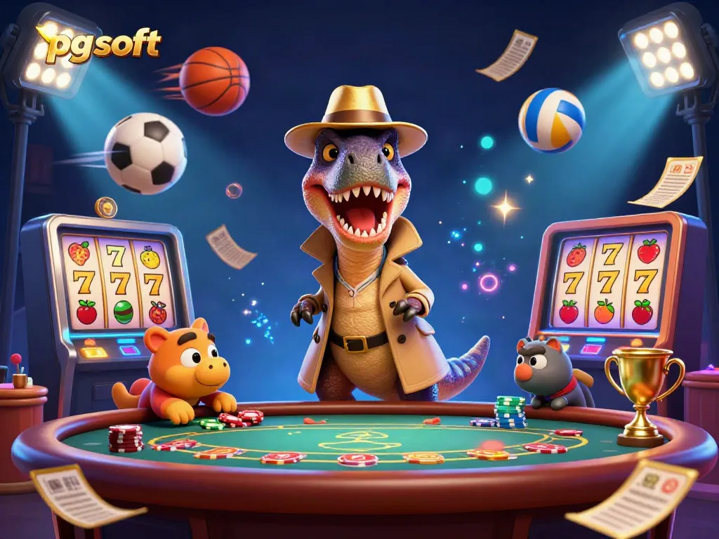 Ilustrasi 3D yang menampilkan pg soft dalam kasino, dengan karakter unik dan elemen dinamis taruhan.