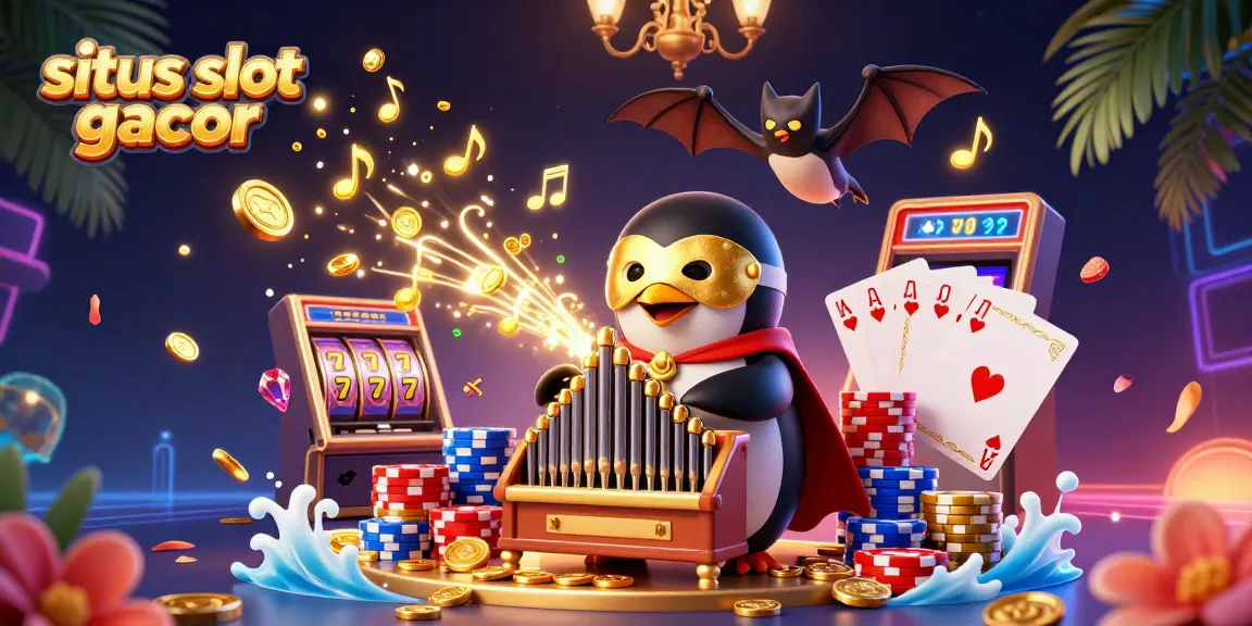 Experience the thrill at situs slot gacor with a dazzling scene of a penguin playing music while coins rain down.
