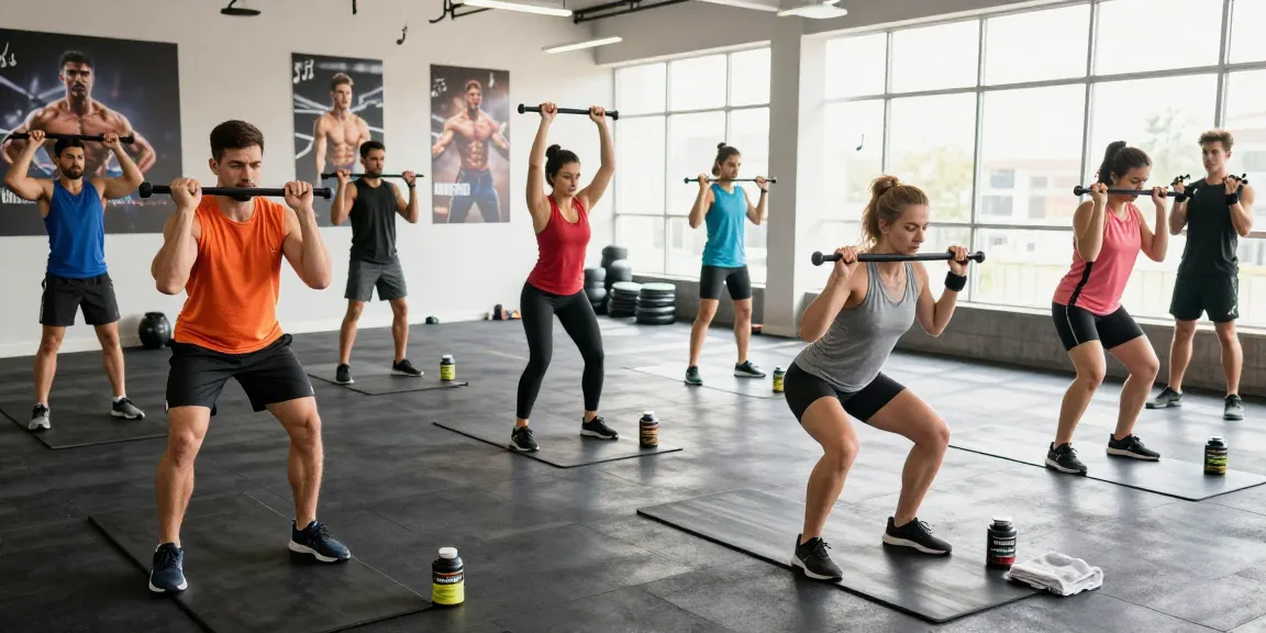 Group workout session using Medi Pharma Steroids supplements in a vibrant gym environment.