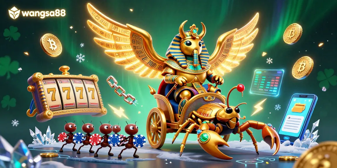 Spin the reels with excitement at wangsa88, featuring a vibrant casino scene filled with detailed characters and gambling elements.