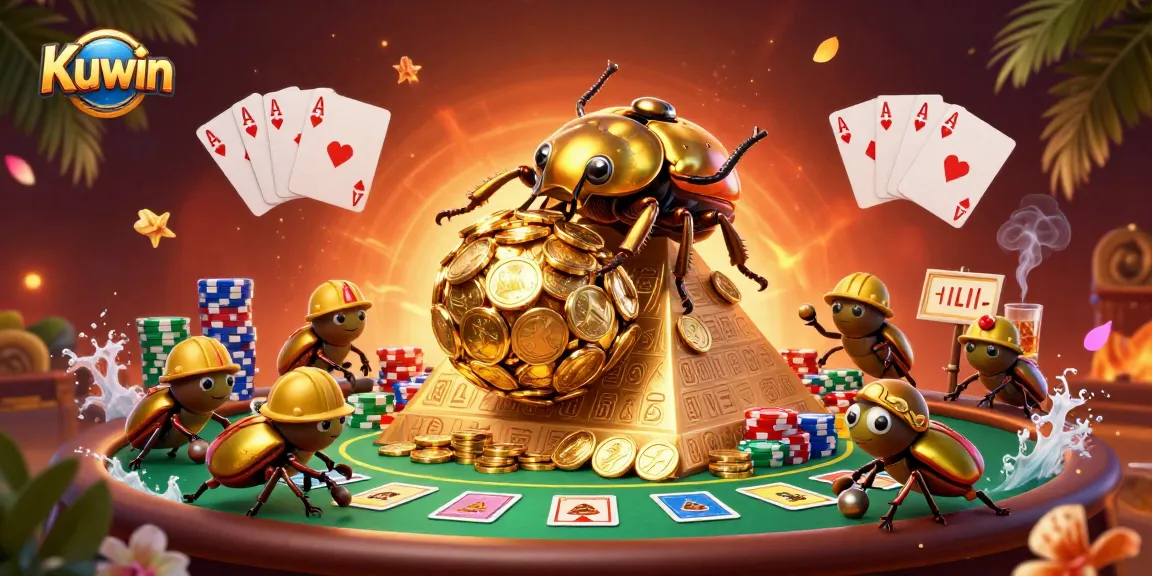 Kuwin showcases an energetic scene with a golden beetle rolling coins and poker elements in a vibrant casino.