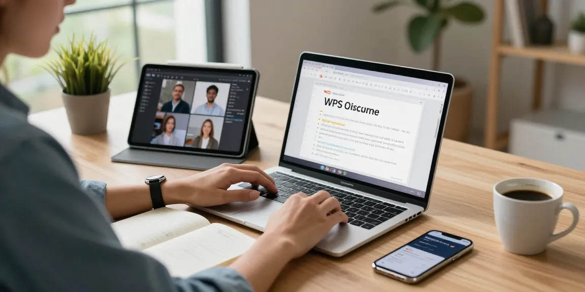 在家办公场景中，使用WPS Office 下载进行文档协作，桌上有笔记本和咖啡，创造高效环境