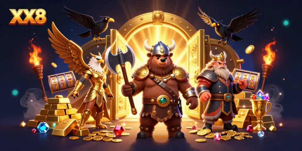 Engage with XX8 in a vibrant casino scene featuring dynamic 3D characters and lively gambling elements.