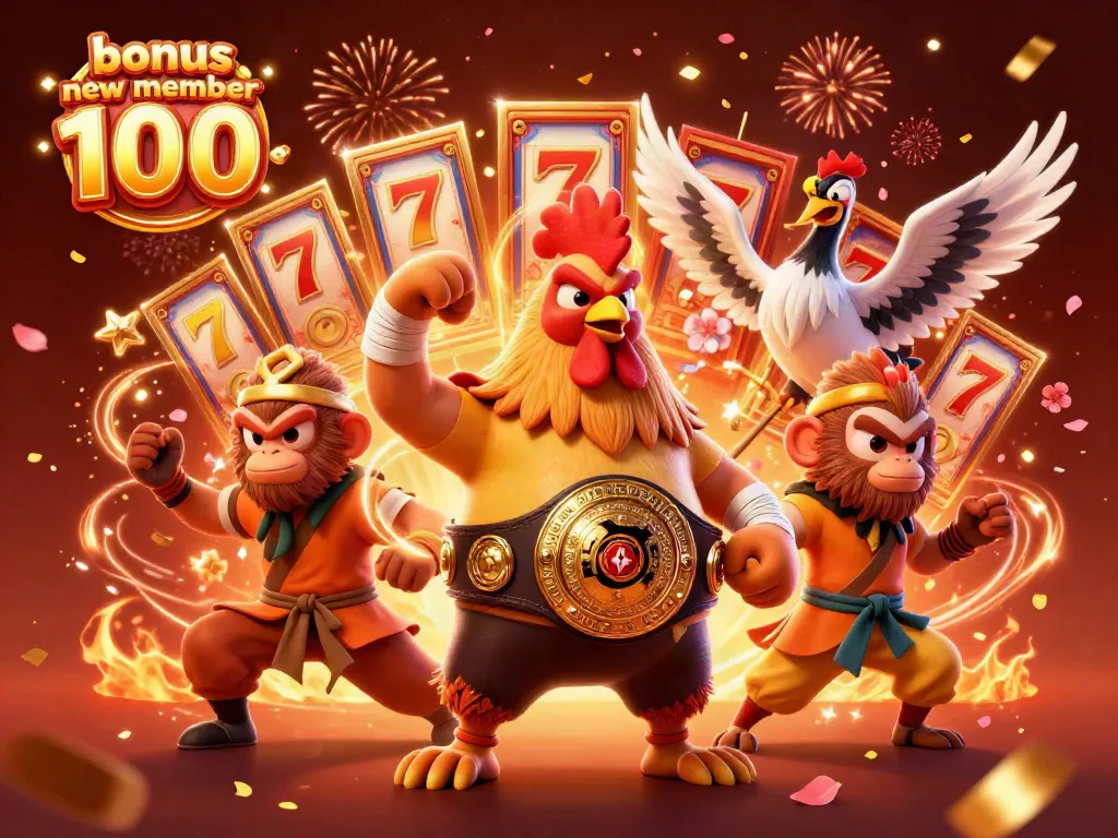 Experience the excitement with bonus new member 100, featuring vibrant characters and slot game elements.