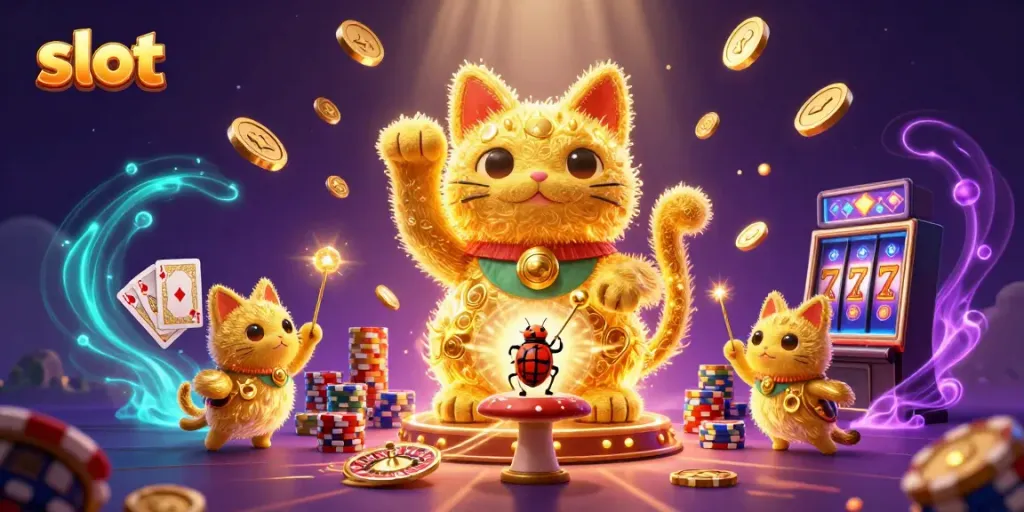 Mainkan slot dengan menghadirkan kucing keberuntungan yang dikelilingi simbol kasino yang berkilauan.