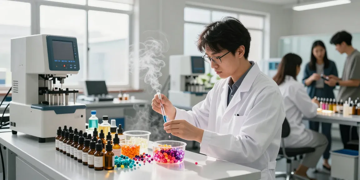 Fragrance Beads Manufacturer showcasing skilled perfumer measuring oils in a modern lab.