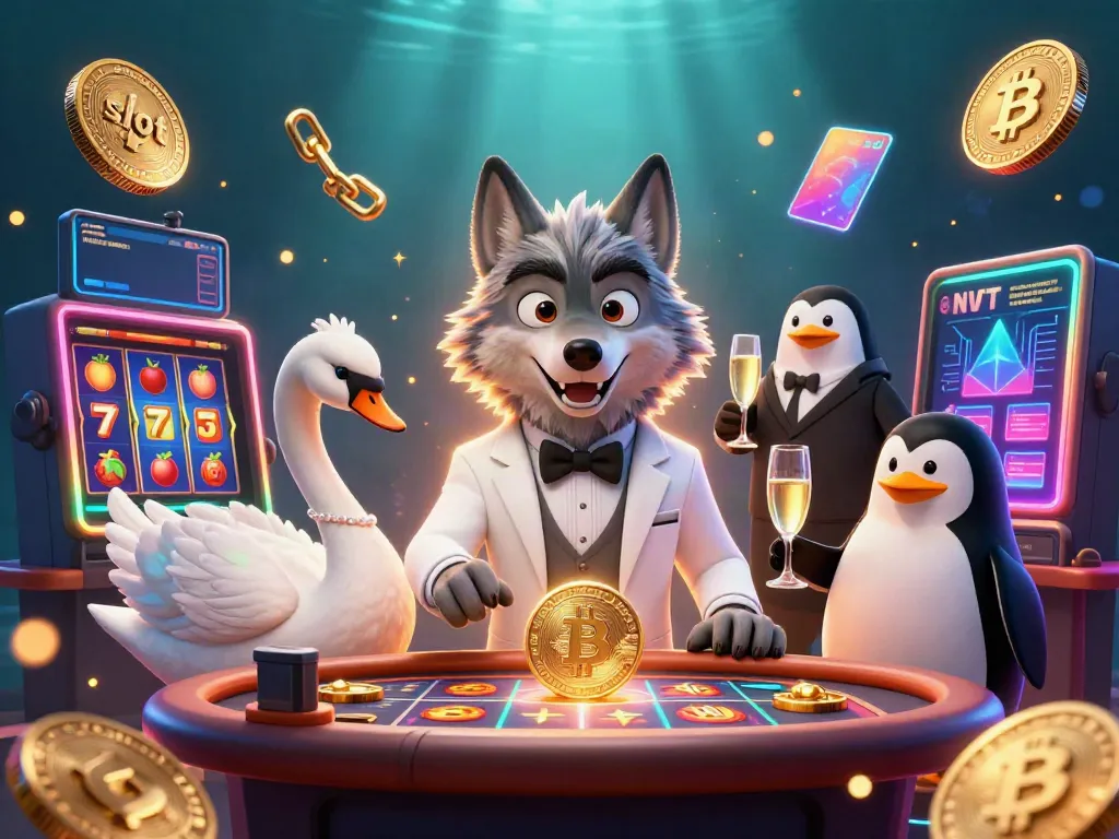Experience thrilling slot action with a debonair wolf, swan, and penguin in a vibrant casino scene.
