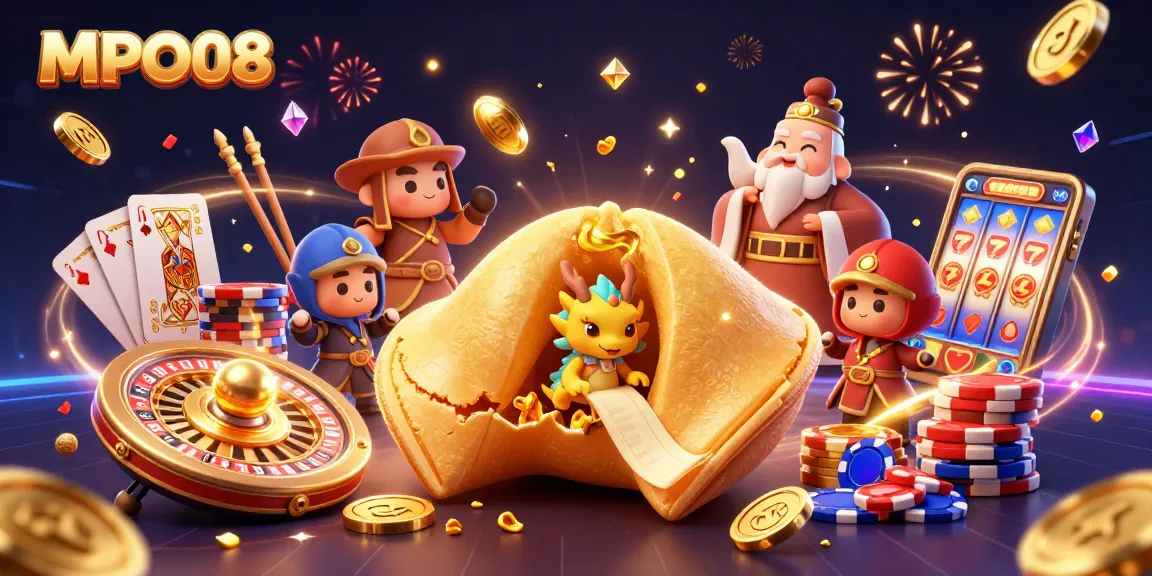 MPO08 casino experience featuring a vibrant golden cookie, wise dragon, and exciting gaming elements.