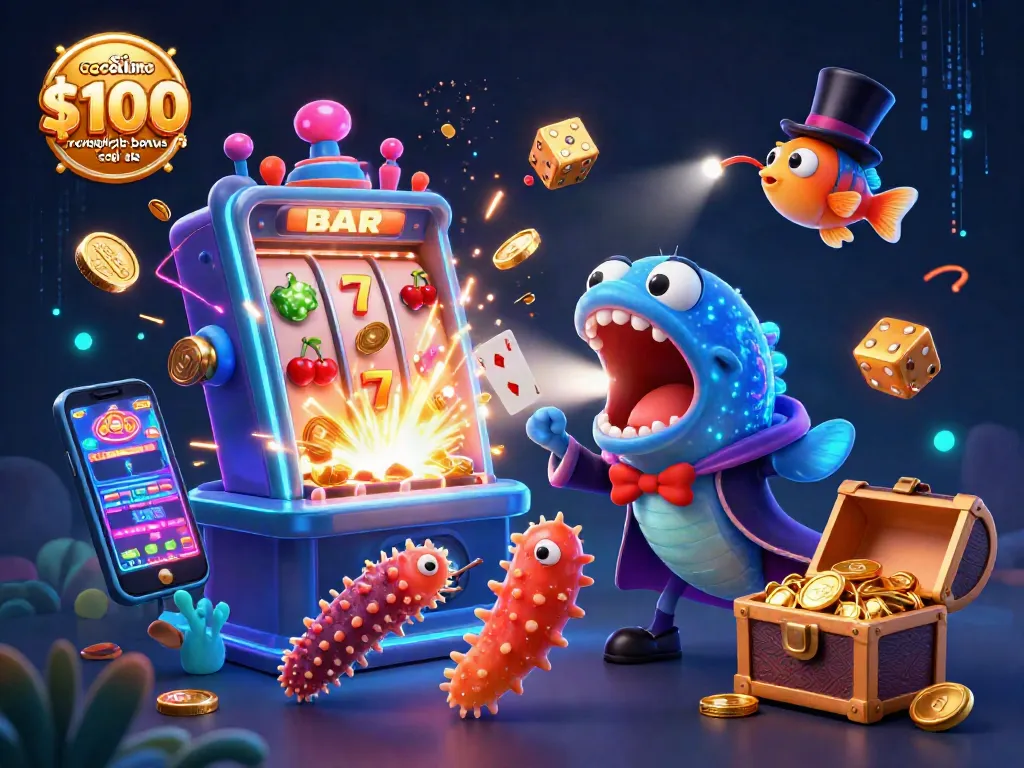 Cafe Casino $100 no deposit bonus code showcased with a bioluminescent gulper eel magician, slot machine explosion, colorful game elements and glow effects.