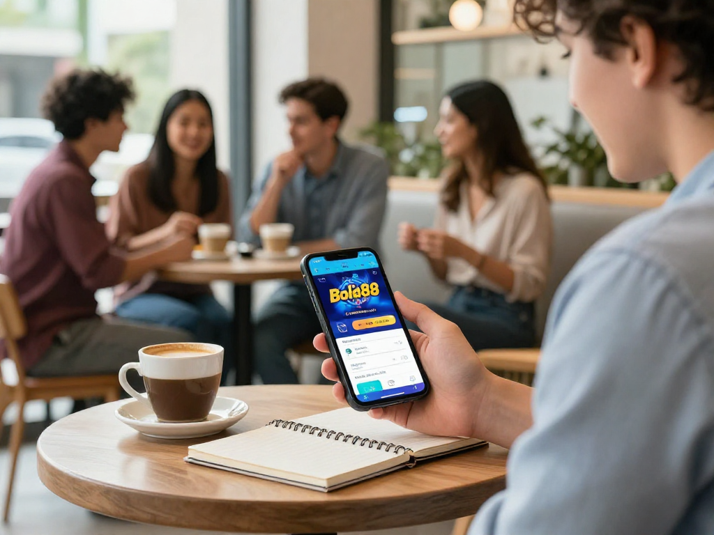 Bola88 mobile gaming experience in a lively café setting.