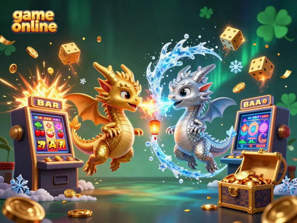 Experience thrilling game online action with twin dragons amidst a jackpot explosion in this vibrant 3D illustration.