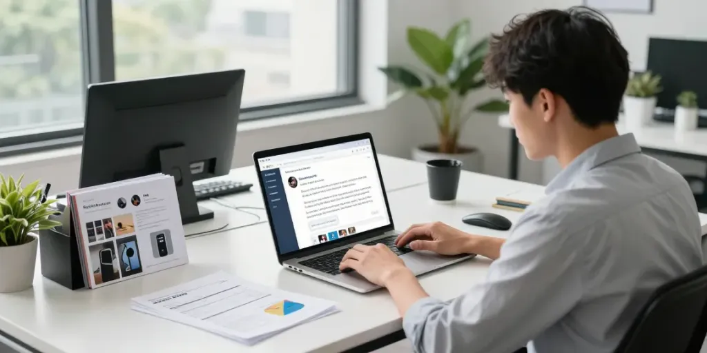 Engaging workspace featuring a product review display with clear visuals and natural light.