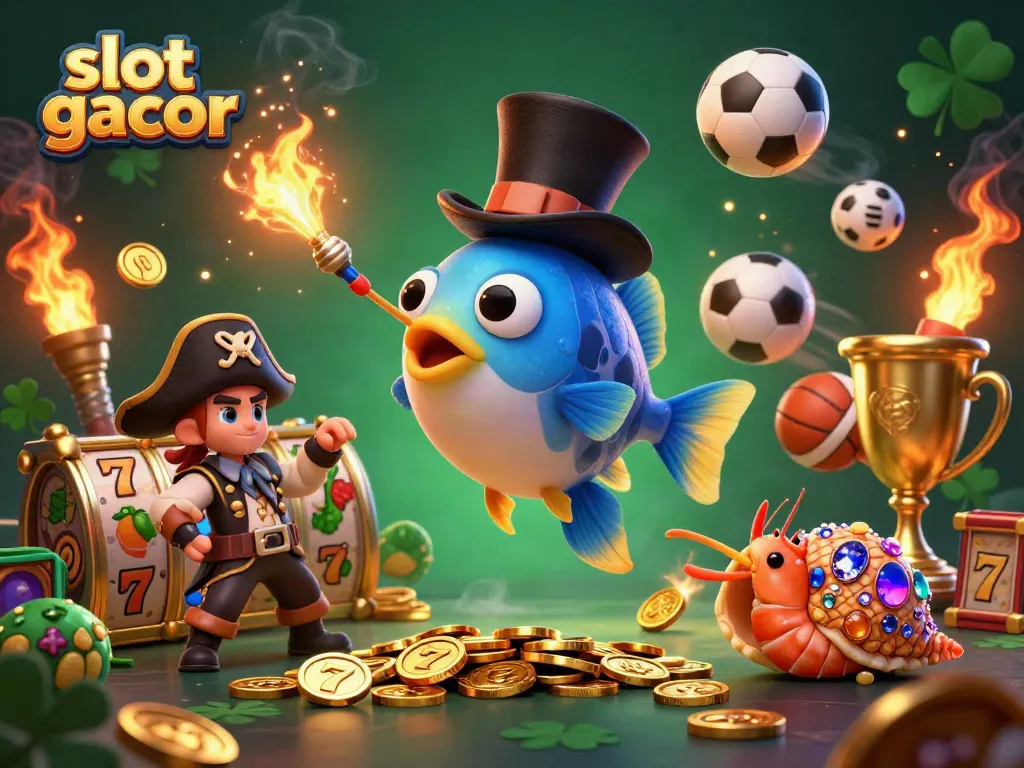 Simak slot gacor dengan ilustrasi ikan pemancing 3D dan koin emas dalam suasana kasino yang kaya.