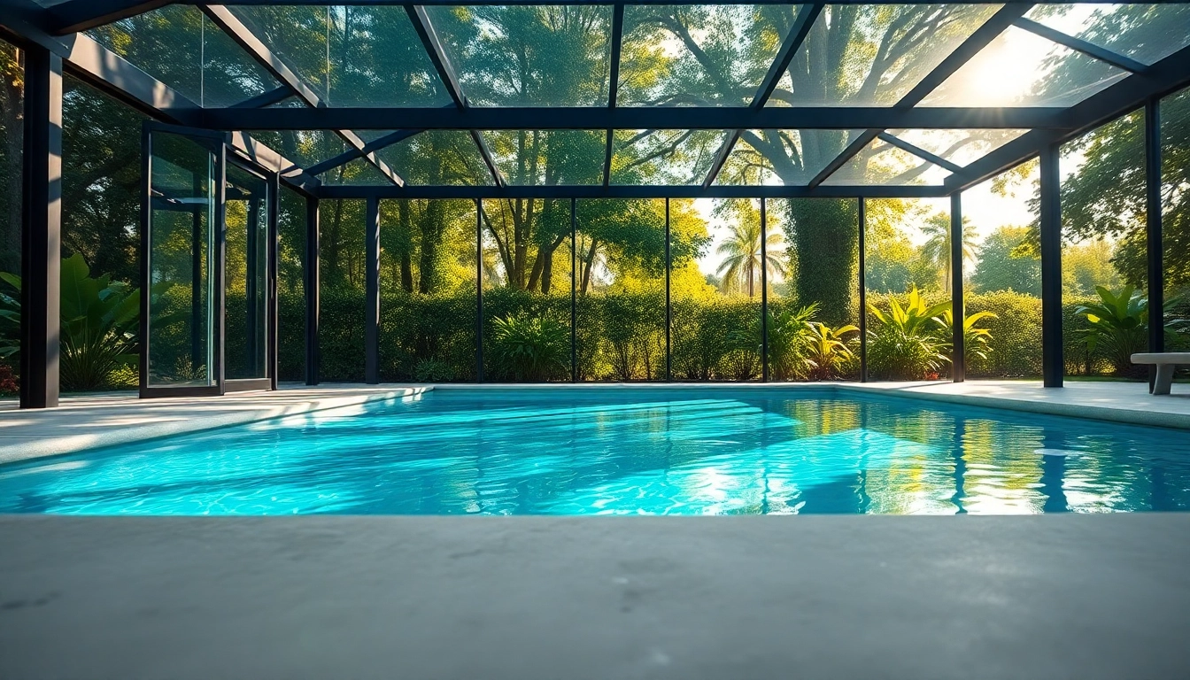Showcasing a modern pool enclosure with sleek glass panels in a beautiful backyard.