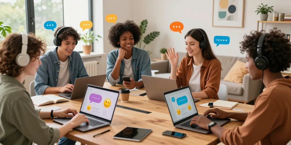 Engaging nsfw chat scene with diverse individuals enjoying playful conversations in a cozy home office.