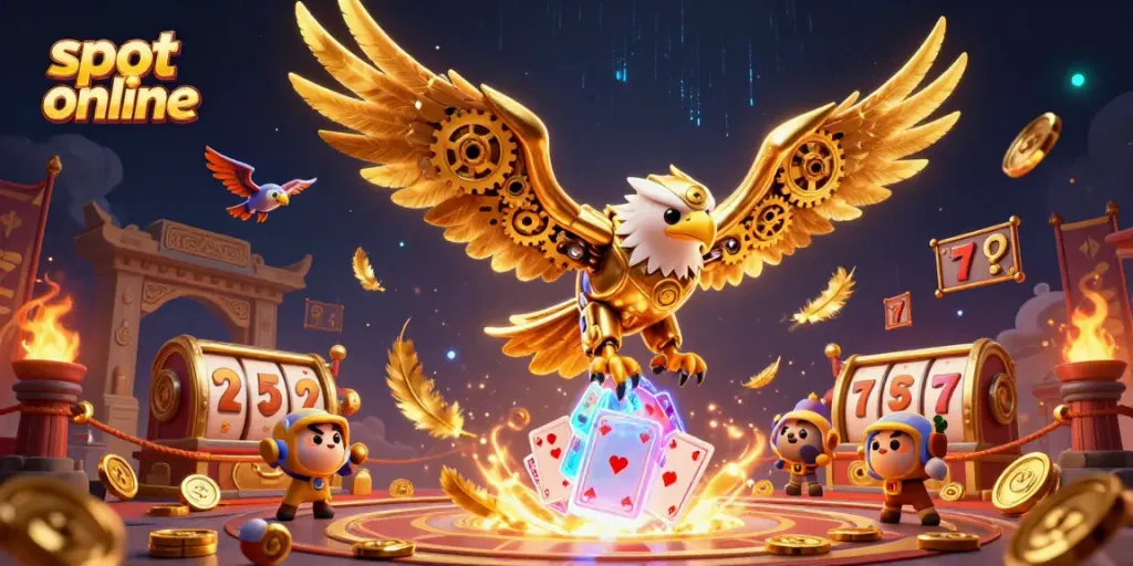 Putar slot online dengan karakter elang mekanik dan simbol keberuntungan yang mengelilingi jackpot menghadirkan suasana yang menarik.