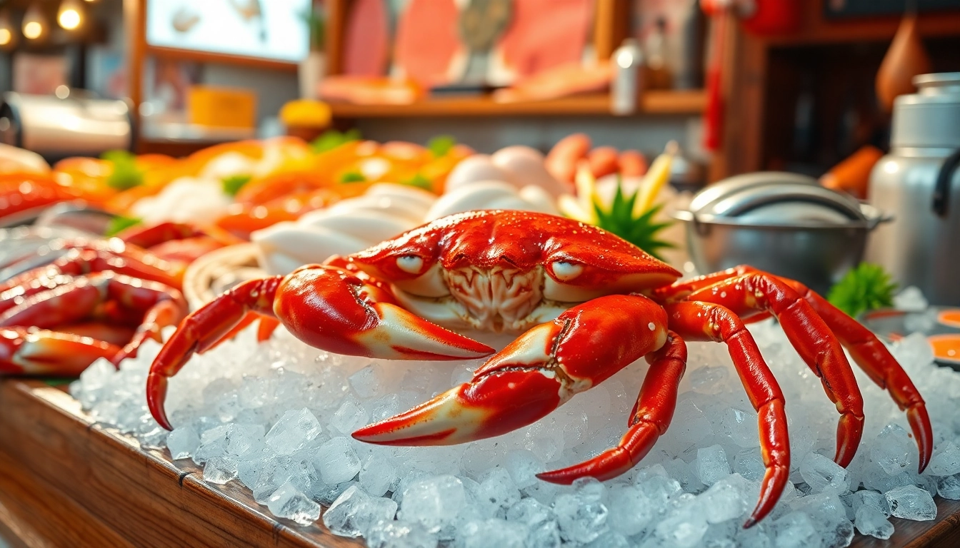 Live king crab wholesale displayed in a vibrant seafood market setting, showcasing freshness and quality.