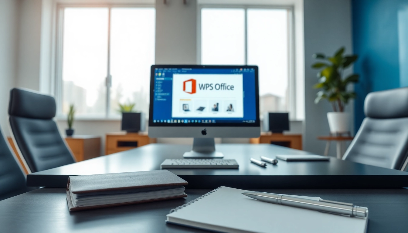 使用WPS Office 下载的高效工作空间，整洁的办公桌和现代设计。