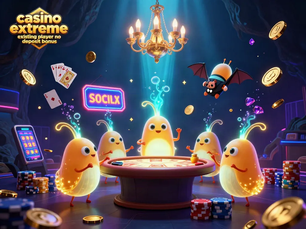 Explore the vibrant scene showcasing the casino extreme existing player no deposit bonus with glowworms and casino elements.