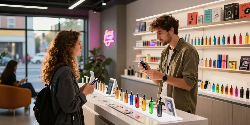 Customer exploring Flum disposable vapes in a modern vape shop.