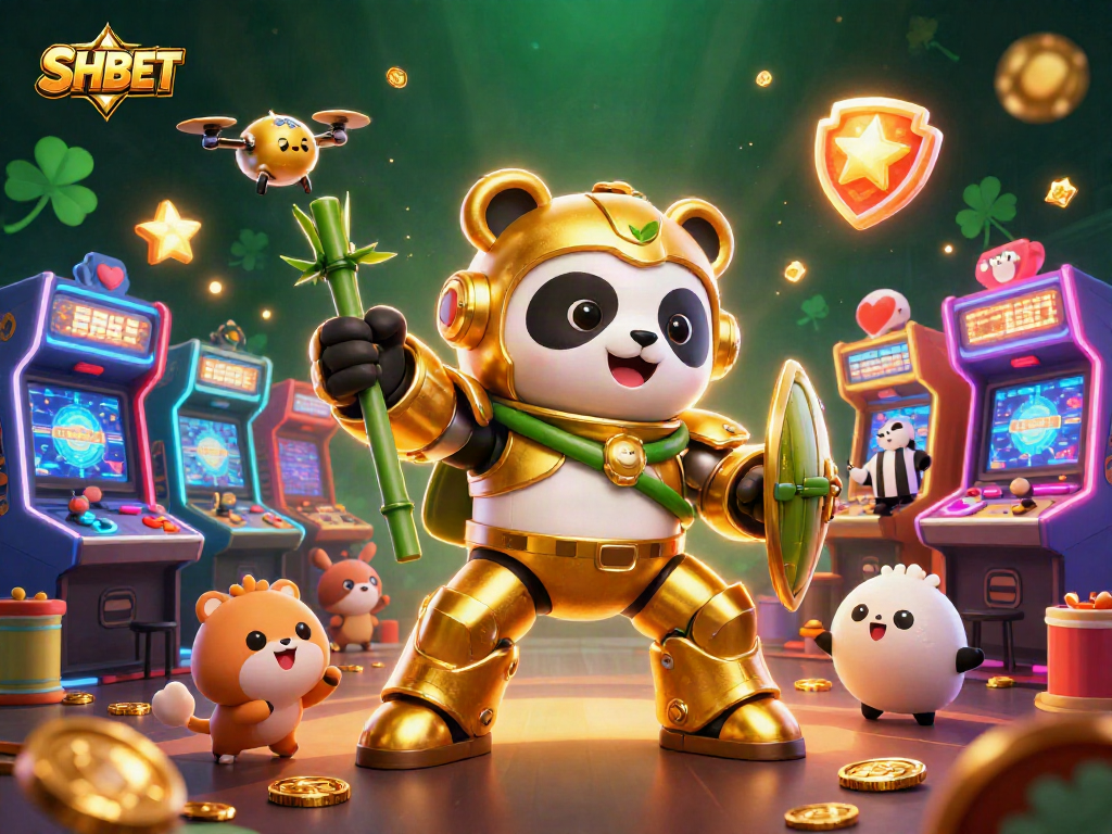 Engage with SHBET in a vibrant casino-themed illustration featuring a mech-suit panda and dynamic gaming elements.