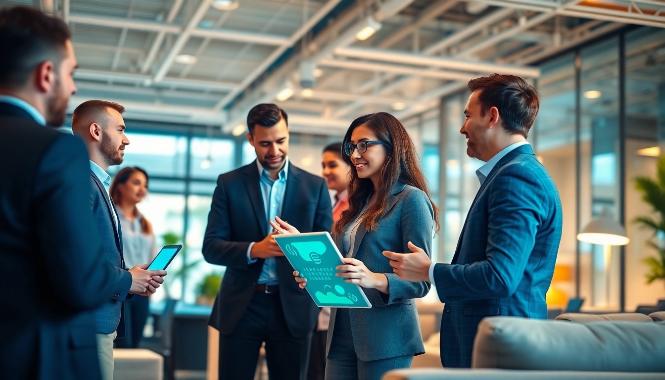 Engaging team of recruiting agencies professionals collaborating in a vibrant office environment.