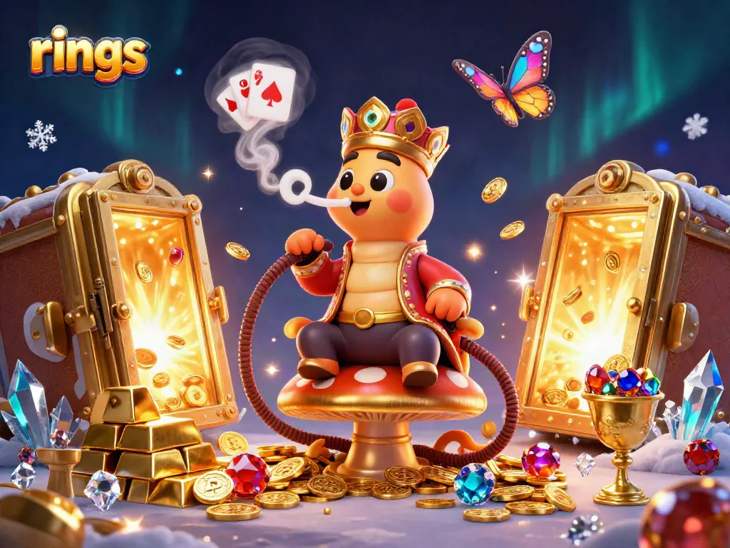 Engaging visual of rings in a casino setting with a caterpillar, poker symbols, and treasure