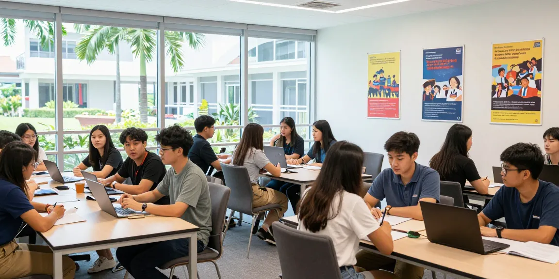 Du học Singapore: Nhóm sinh viên quốc tế học tập tại thư viện hiện đại, không khí học thuật sôi nổi.