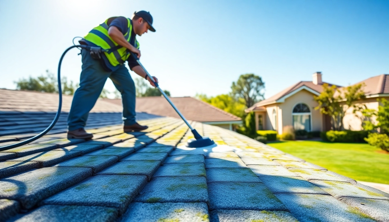 Roof Cleaning service using a soft wash method on a residential roof, highlighting cleanliness and professionalism.