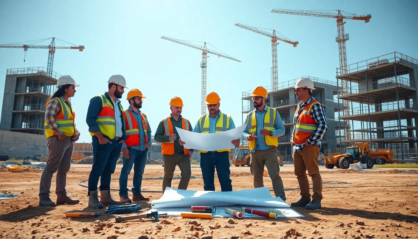 Construction workforce development South Texas depicted through engaged workers discussing project plans.