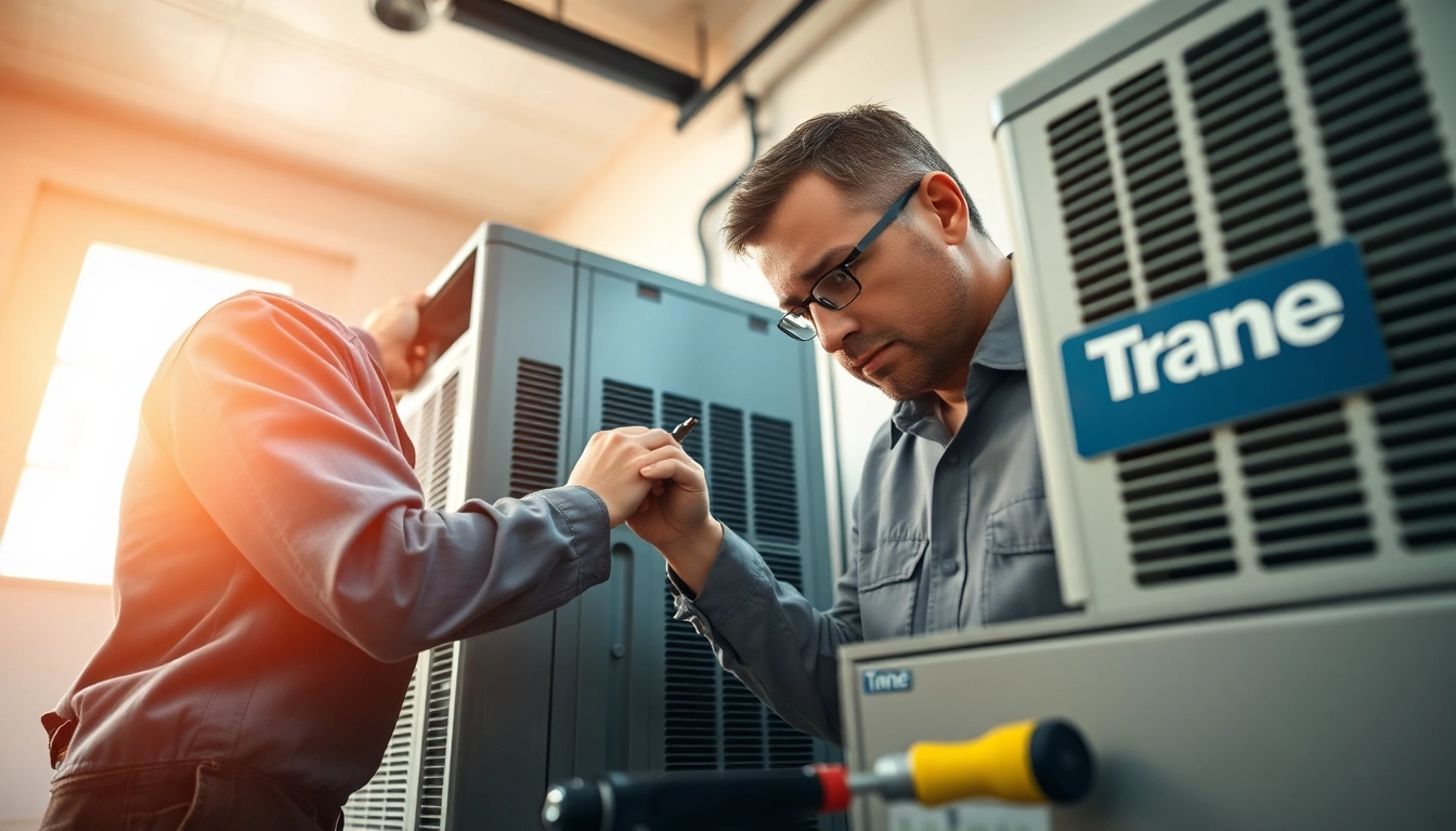 Trane HVAC technician performing maintenance on a unit, showcasing skill and reliability.