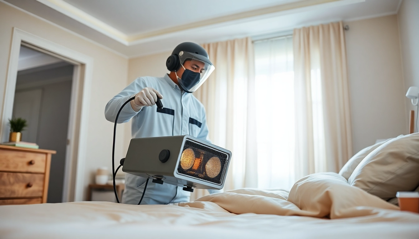 Technician performing bed bug heat treatment in a bright, cozy bedroom.