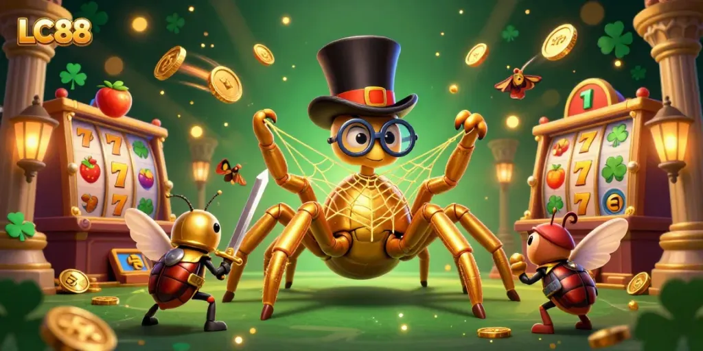 Experience the excitement of LC88 with a dynamic illustration of colorful slot elements and characters in a vibrant casino scene.