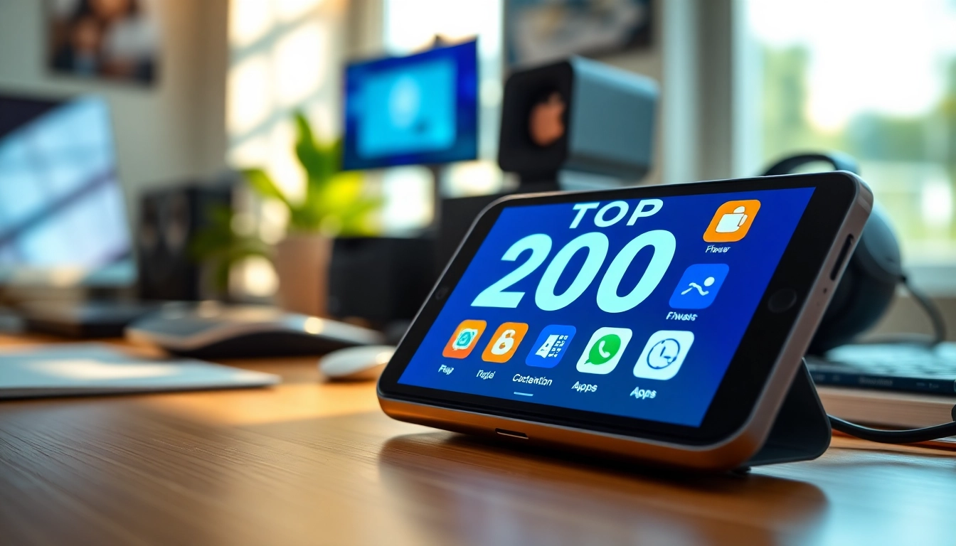 Highlight the top 200 apps displayed on a smartphone in a modern tech environment.
