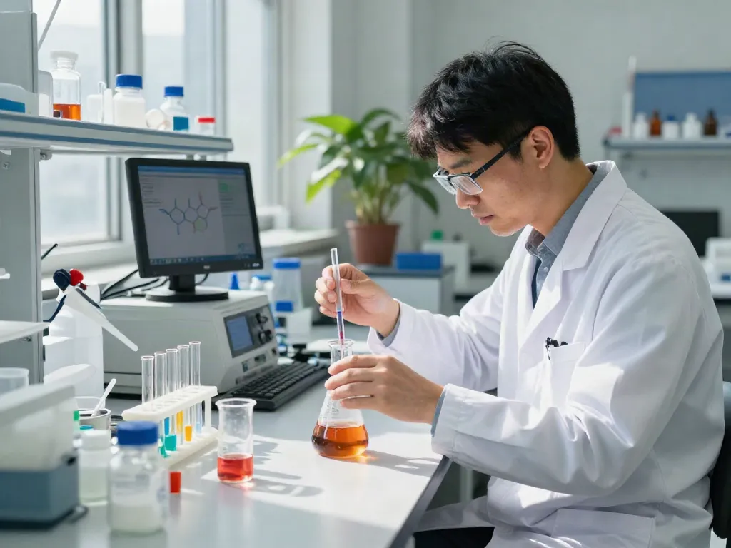 Scientist measuring compounds for wholesale peptides synthesis in a lab.