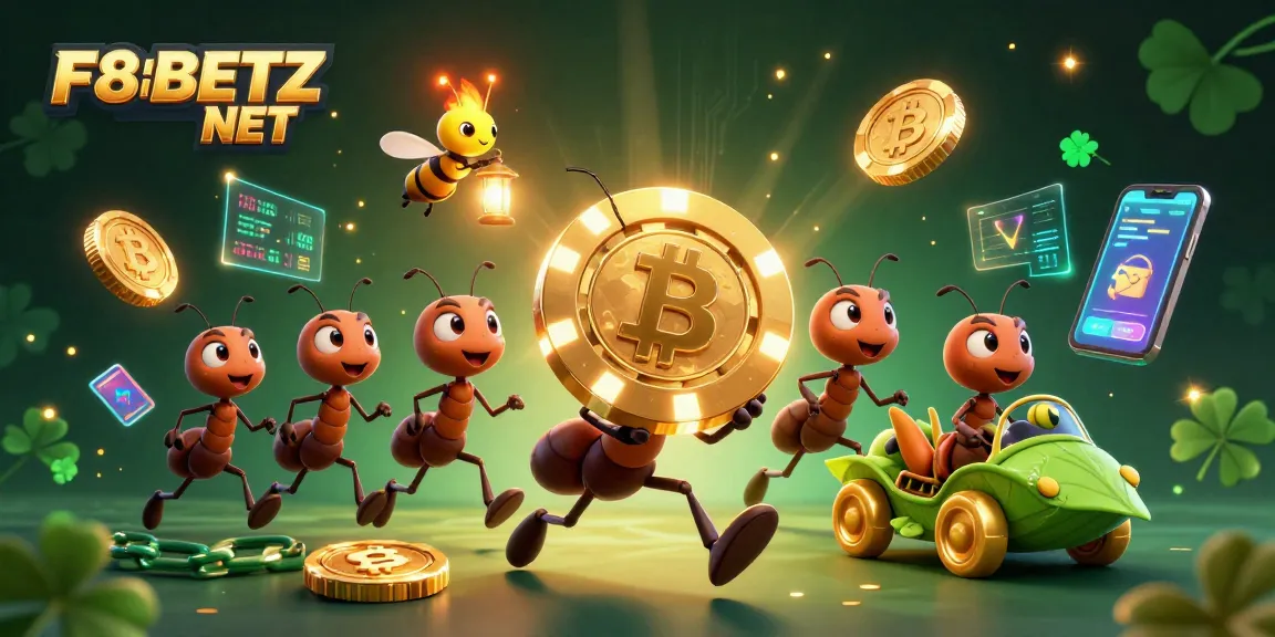 Experience thrilling excitement at F8BETZ NET with a heist theme featuring ants, crypto elements, and vibrant casino imagery.