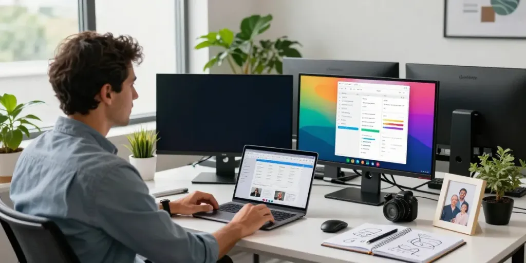 Michael Rustom Consultant engaged in a video call, showcasing a vibrant office with strategic plans.