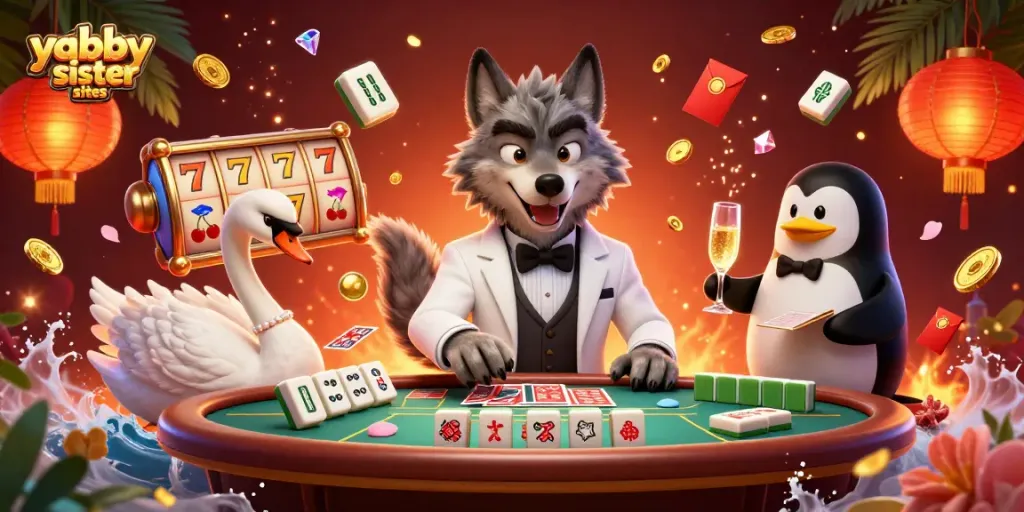 Join the excitement at yabby sister sites with a vibrant casino scene featuring animated characters and game elements.
