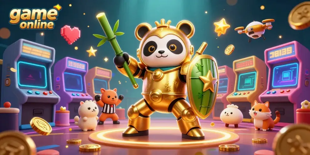Engage in game online excitement with robotic panda battling in vibrant casino-themed arena.