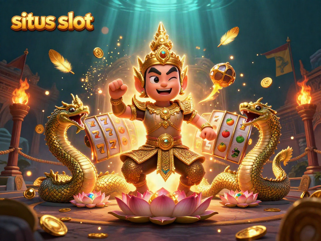 Engage with situs slot through a vibrant 3D scene featuring Thai guardian, Naga serpents, and dynamic slot reels.