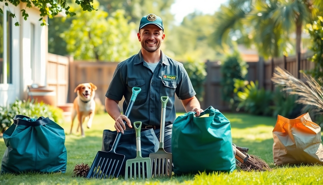 Engaging dog pooper scooper service worker efficiently managing pet waste in a clean backyard.