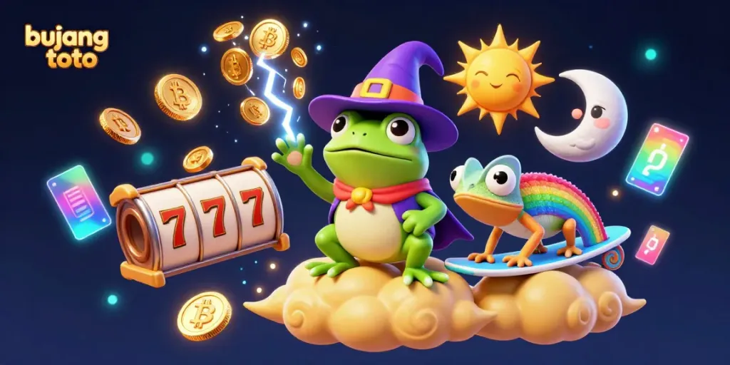 Engage in casino magic with bujang toto, witnessing a wizard frog amidst golden coins and vibrant characters.