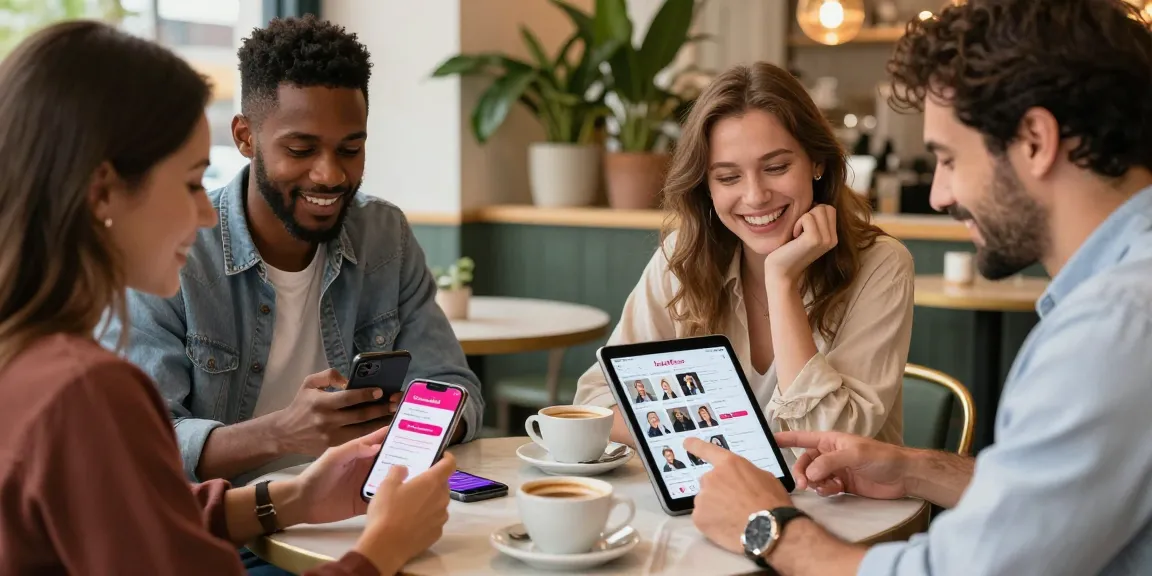 Singles using the HundRoses dating app in a cozy café, fostering genuine connections.
