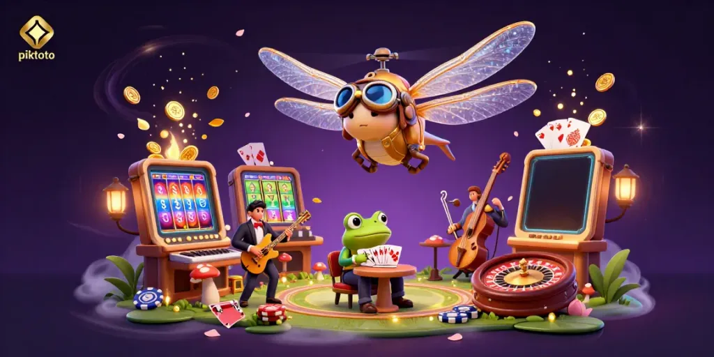Experience the thrill at piktoto with dynamic gaming scenes and vibrant casino elements.