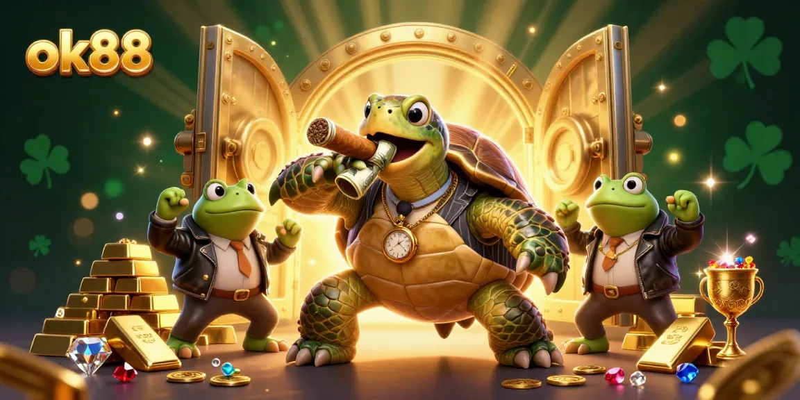 Engage with ok88's thrilling casino atmosphere featuring a mobster turtle and vibrant elements.