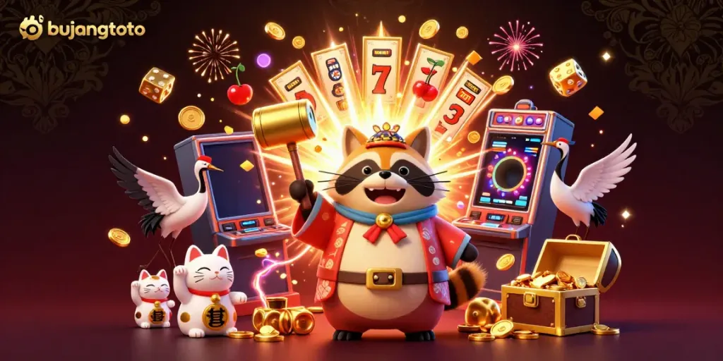 Engage with bujangtoto as cheerful characters bring good fortune amidst vibrant casino imagery.