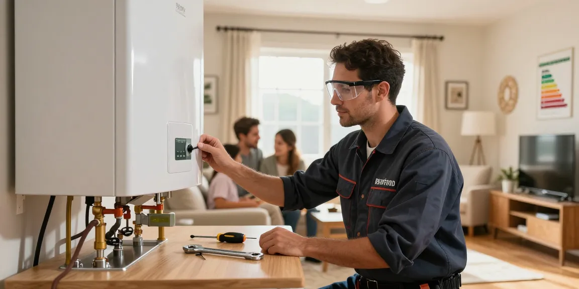Boiler and heating specialist in Bedford inspecting a modern heating system.