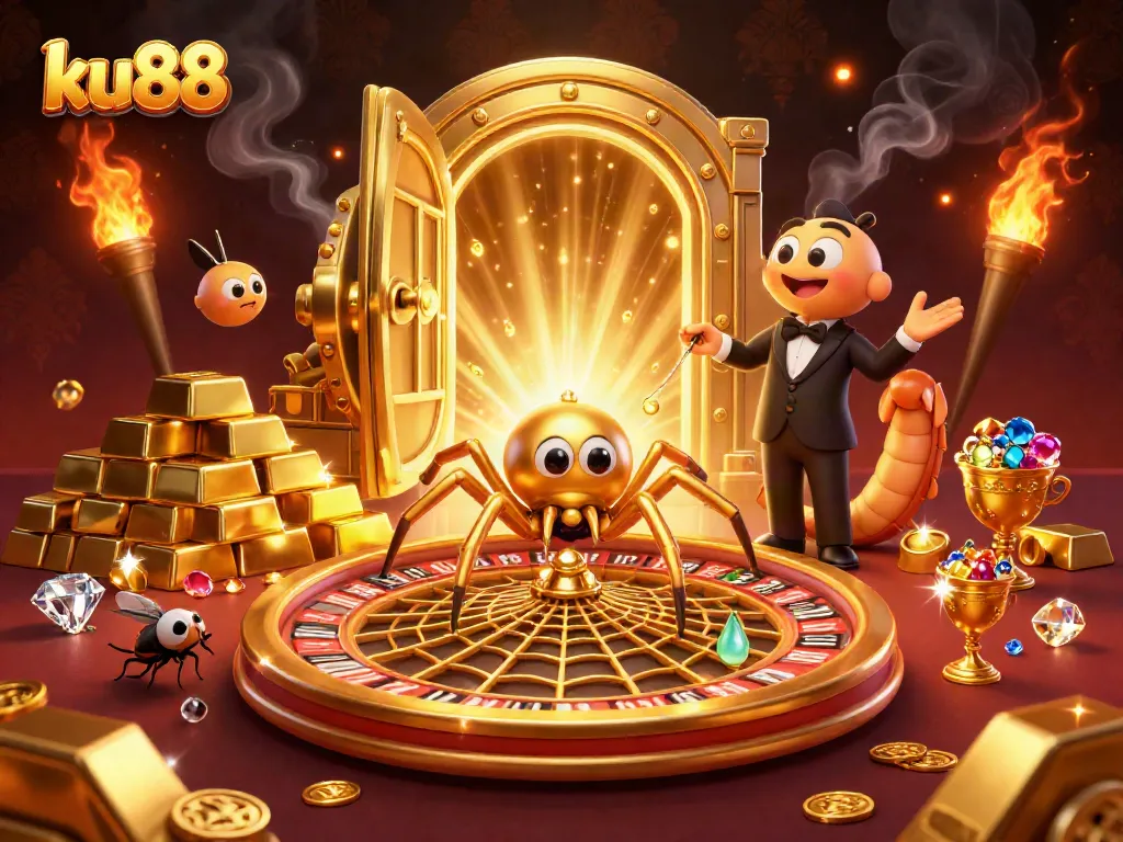 ku88 spins the roulette wheel as a fly nervously bets in a vibrant casino scene filled with treasures.