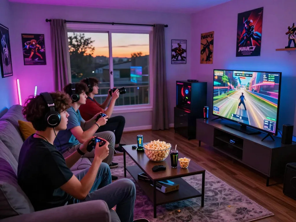 Friends enjoying an exciting gaming night with the qqmacan link on screen.