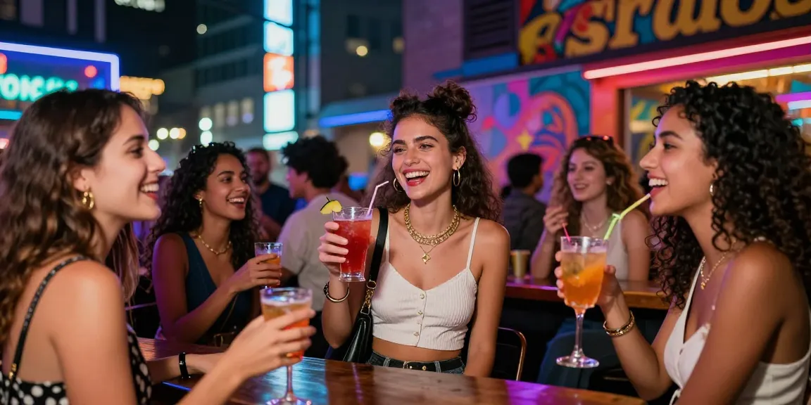 Gái gọi tại quán bar sôi động, ánh đèn neon rực rỡ, không khí vui vẻ.